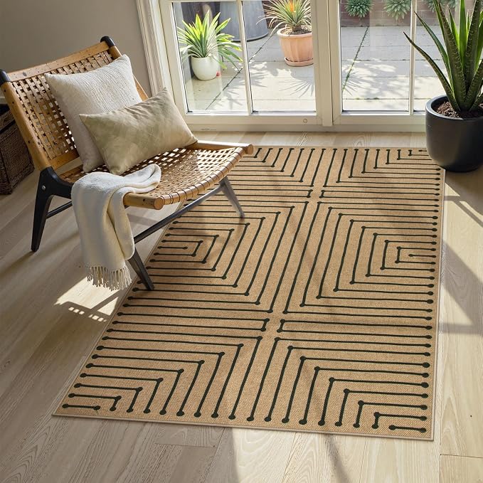 Lahome Neutral 3x5 Outdoor Rug, Black Easy Jute Entry Front Door Rug | Farmhouse Rhombus Non Slip Non Shedding Nature Indoor Outdoor Carpet for Kitchen Balcony Foyer