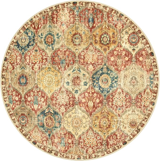 Lahome Moroccan Washable Round Area Rug, Round Rug 5ft Soft Non-Slip | Trellis Non-Shedding Distressed Circle Carpet for Bedroom Living Room Bathroom Nursery Kitchen Elise, Red Orange