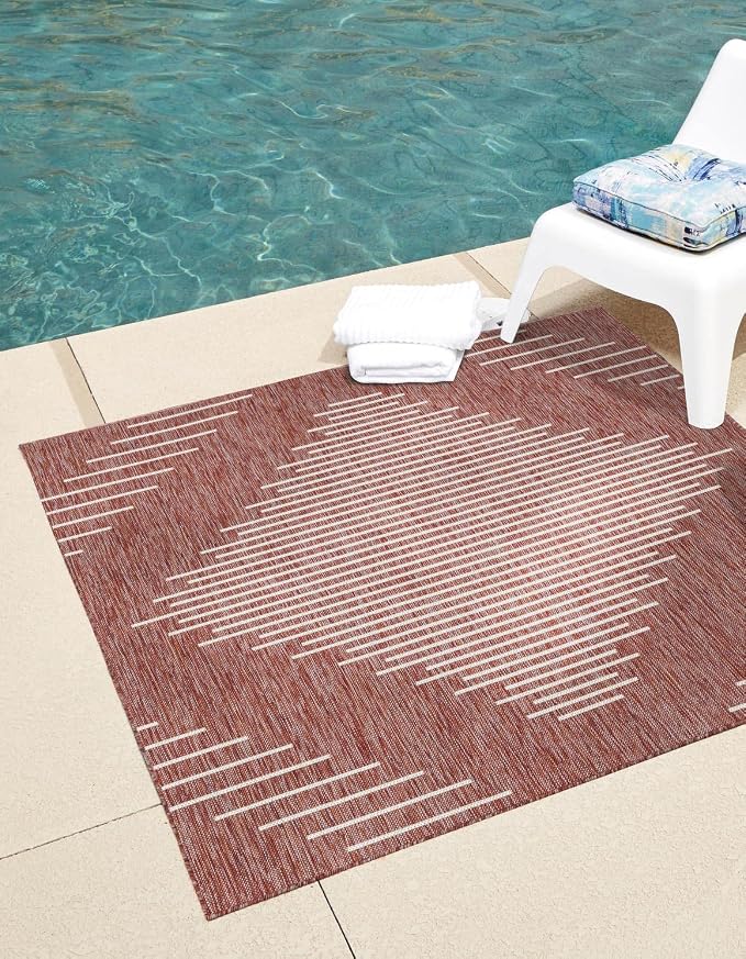 Unique Loom Outdoor Modern Collection Area Rug - Tambor (7' 1" Square, Rust Red/ Ivory)