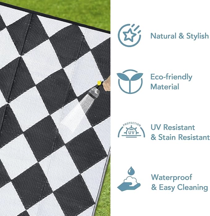 Garvee 8x10 Outdoor Rug Waterproof Plastic Straw Rug Outdoor Patio Rugs Reversible Mat Easy Clean Foldable Lightweight Large Area Rugs for Patio Porch Backyard Camping RV Beach Balcony Checkered White