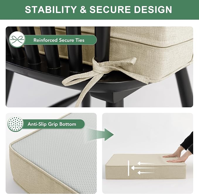 Summsun Patio Chair Cushions 19 x 19 Inch, Faux Linen Outdoor Furniture Cushions, Water Resistant Backrest and Seat Cushion Set with Ties, Removable Cover, Non-Slip Bottom, Beige