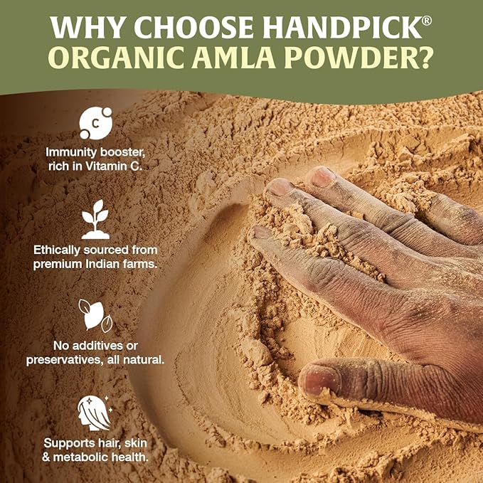 HANDPICK Organic Amla Powder (14oz) Amalaki, USDA Organic, Non-GMO | 100% Raw and Natural - Lab Tested for Purity | Indian Gooseberry Powder | Resealable Zip Lock Pouch (Packaging may vary)