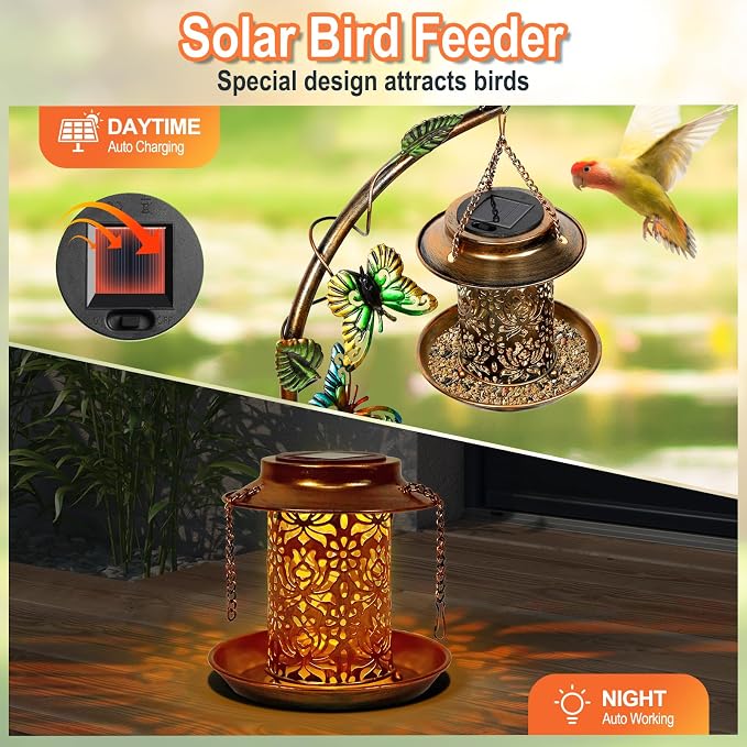 3 In 1 Bird Bath for Outside and Solar Bird Feeders Combo with Flower Planter Pedestal, 38" Metal Bird Baths Heavy Duty for Outdoors, Vintage Birdbaths for Garden Yard Lawn Decor -Waterproof