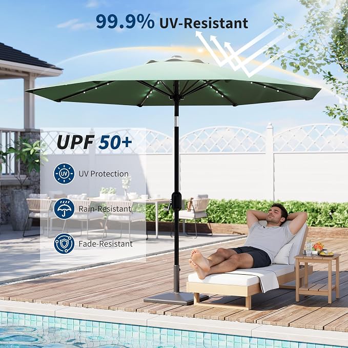 Patio Umbrella with Solar Lights, Outdoor Table Umbrella with 8 Durable Ribs, Tilt & Crank Mechanism, Water & UV Protection Sun Shade Umbrella for Garden, Poolside, Backyard (Dark Green, 10 FT)