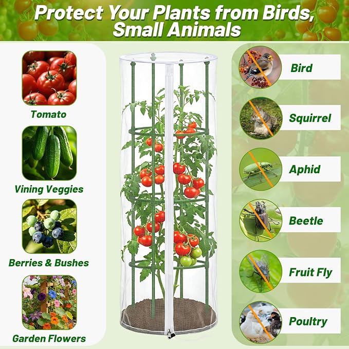 3 Pcs Garden Tomato Plant Cover Netting, Fits 15" x 55" Tall Round Tomato Cage, with Zipper & Drawstring, Garden Bird Netting for Vertical Climbing Vegetables and Fruits (No cage)