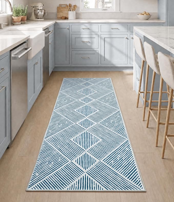 2‘x6' Washable Blue and White Geometric Runner Rug for Kitchen | Non-Slip, Low Pile, Stain Resistant, Modern Navy Blue Stripe Long Rug for Hallway Entryway Bedroom