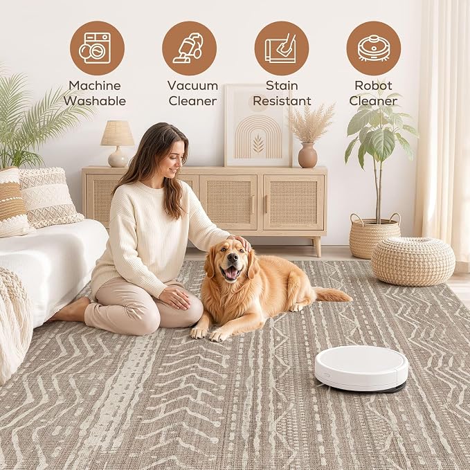 Nakagishi Boho 10x12 Area Rug Living Room Rugs Machine Washable Dark Brown | Soft, Pet & Kid Friendly, Carpet for Living Room/Bedroom/Office/Kitchen/Nursery, Daily Home Decor Stain Resistant Moroccan
