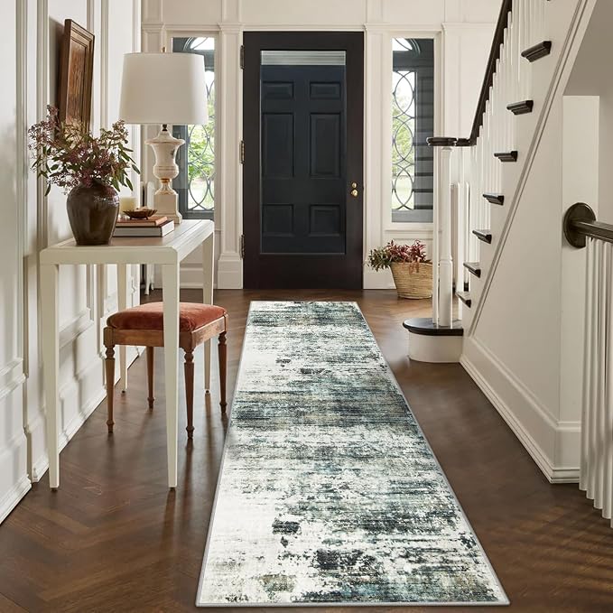 2'6''x8' Runner Rugs Washable Rug:Modern Abstract Hallway Teal Green Carpet | Non-slip TPE backing makes this washable soft low-pile rug safe & durable, Pet-friendly decor for dining room,nursery,office
