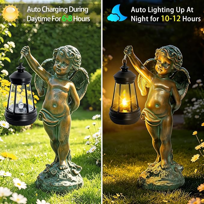 Solar Angel Garden Statues, Outdoor Angel Solar Hanging Lights Waterproof, Birthday Gifts for Mom Women Mother's Day, Cupid Boy Garden Figurines for Yard Decor Patio Porch Lawn Ornaments