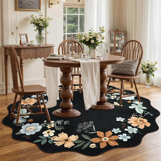 Lahome Floral Washable Round Area Rug, Round Rug 5ft Soft Non-Slip | Non-Shedding Boho Circle Carpet for Bedroom Living Room Bathroom Nursery Kitchen Flore, Black Grey