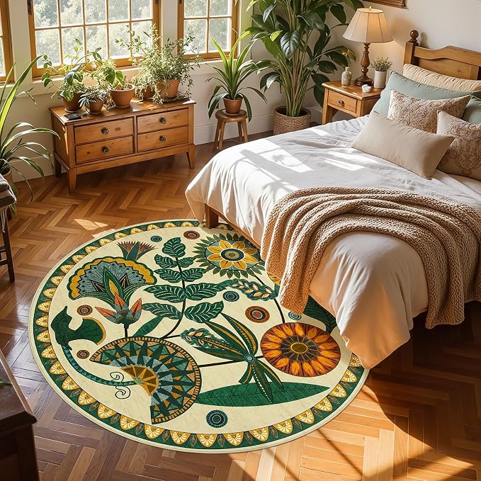 Joydeco Egypt Floral Boho Round Rugs 5FT for Bedroom Playroom Living Room | Boho Colorful Circle Non Slip Stain Resistant Flower Indoor Carpet for Dining Room Nursery Entryway Guest Room Kitchen, Beige
