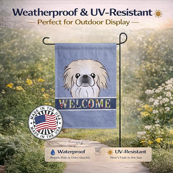 Caroline's Treasures BB1407GF Pekingese Welcome Garden Flag, Blue Mailbox Flag Decorative Yard Flag Banner Outside Patio Artwork Yard Flower Beds, Garden Size, Multicolor
