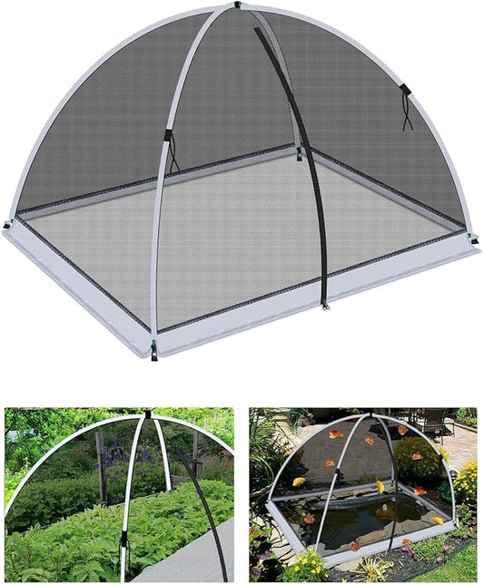 5 * 7ft Pond Cover Dome,Garden Pond Net Pond Mesh Tent with Ropes, Stakes and Fiberglass Poles, Pond and Garden Cover Protective Tent Dome Netting for Pond Pool and Garden