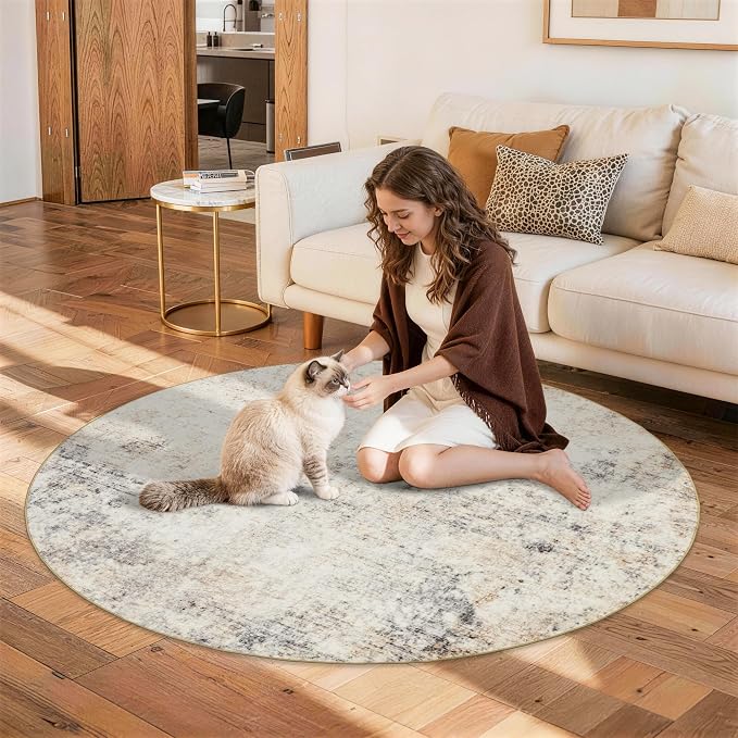 Large Round Rug 6ft: Neutral Round Area Rugs for Living Room Dining Room Bedroom - Soft Non-Slip Circle Carpet 6' - Modern Abstract Beige