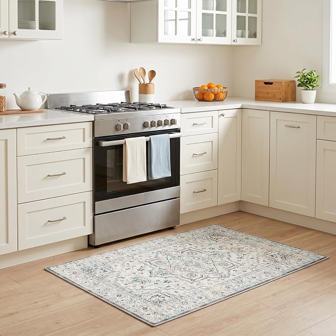 Vintage Washable Area Rug 3x5, Non-Slip Low-Pile Elegant Persian Carpet for Bedroom Kitchen Entryway Office, Stain Resistant Traditional Indoor Small Rug, Neutral Cream Blue