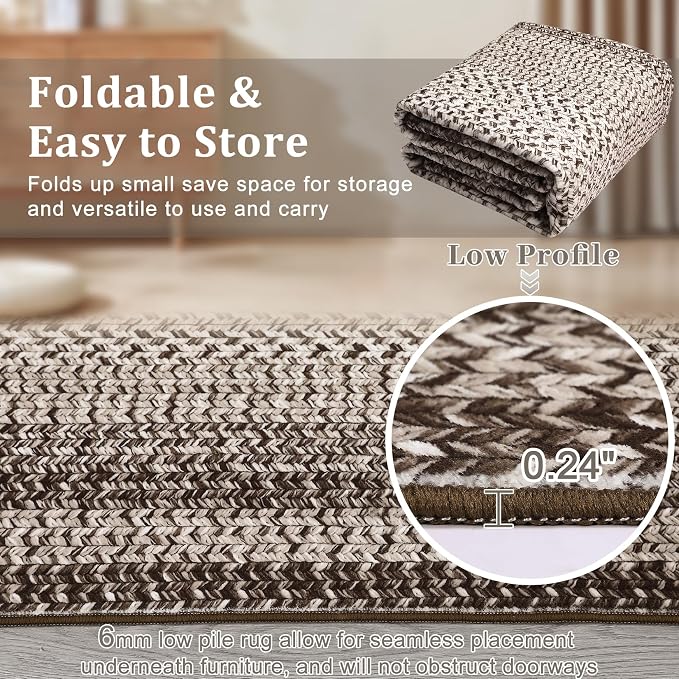 RUGSREAL 9x12 Living Room Rug Large Bedroom Washable Rug Non Slip | Indoor Throw Floor Cover Farmhouse Rustic Area Rug Modern Geometric Border Carpet for Bedroom Home Decor, Mocha