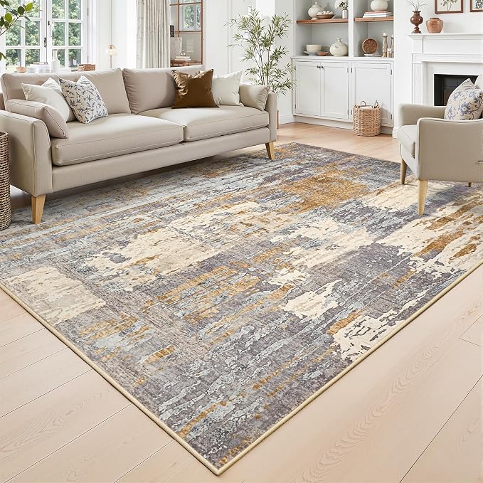 Toneed Washable 5x7 Camel Area Rug with Non-Slip Backing for Living Room | Abstract Modern Rugs, Soft Low Pile Carpet for Bedroom Kitchen Dining Room Nursery Indoor Floor Office Home Decor