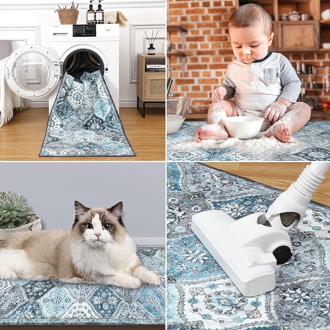 ROYHOME Washable Round Rug 5ft Moroccan Trellis Washable Area Rug | Stain Resistant Non-Slip Circle Rug Vintage Distressed Round Throw Carpet for Living Room Bedroom Kids Room, Blue/Grey