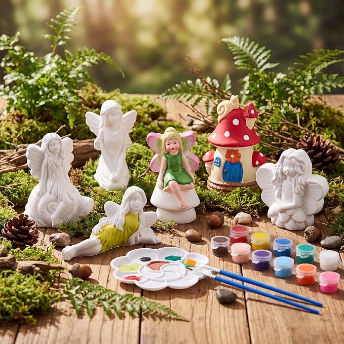 Acellegic 6 Pcs Ceramics Fairy to Paint Ready to Paint Your Own Fairy Garden Mushroom Statue DIY White Ceramic Mushroom Houses for Yard Decor Summer Spring Painting Art