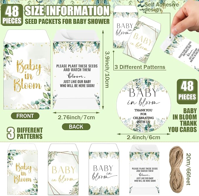 Reallnaive Baby Shower Party Favors Baby in Bloom Envelopes Seed Packets Include 48 Mini Terracotta Pots Seed Packets 48 Self Adhesive Envelopes Thank You Tags for Party(Greenery)