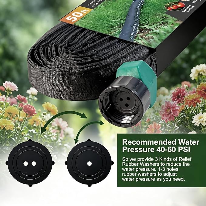 Flat Soaker Hose 15 ft 2-Pack with Splitter, 80% Water-Saving Drip Irrigation Hose, Linkable DIY Garden Soaker Hose System for Garden Beds, Lawn, Vegetables & Trees (15ft 2-pack)