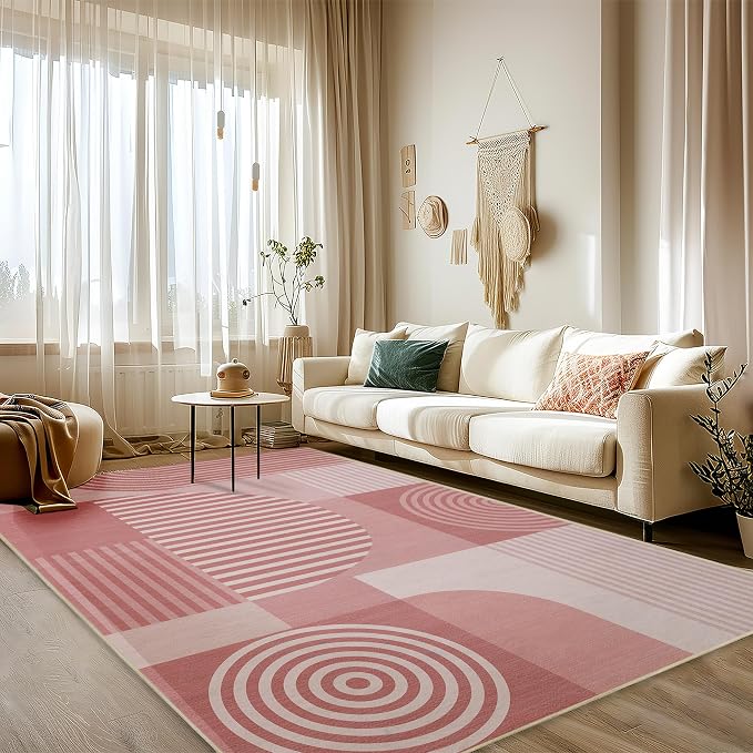 Area Rug 5x7 Pink Geometric Rug for Living Room Machine Washable Minimalist Line Mid Century Modern Rugs Non Slip Low Pile Large Dining Room Indoor Floor Carpet for Bedroom Kitchen Office,Pink