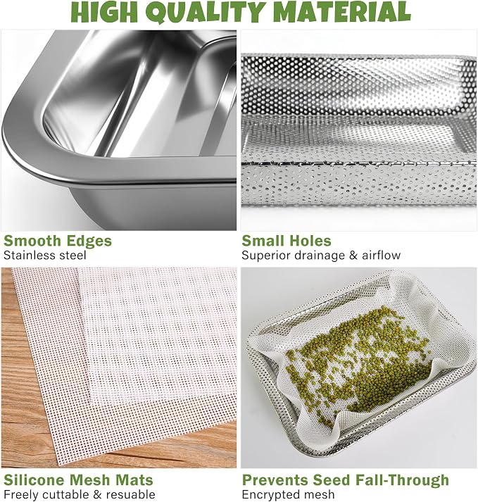 2 Pack Stainless Steel Seed Sprouter Trays, 2-Tier Soil-Free Microgreens Growing Kit, Sprouting Tray with Cover Lids & Mesh Pads for Sprouts Beans Alfalfa Wheatgrass (10.6" * 7.9" * 1.9")