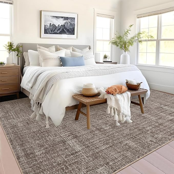 Garvee Modern Solid Washable Rug 8x10 Area Rugs for Living Room Brown | Soft Non Slip Rugs for Bedroom, Low Pile Neutral Rug, Stain Resistant Foldable Carpet for Playroom Dorm, Farmhouse Rugs