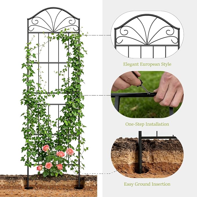 VOXOR Metal Trellis for Climbing Plants Outdoor, 70 * 19.7 Inch Tall Garden Trellis with Black Rustproof Coating, Decorative Rose Trellis for Climbing Roses, Vines, and Flowers, 2 Pack
