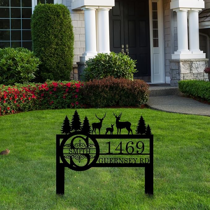 Personalized Deer Wildlife Decor for Outside, Custom Garden Address Sign with Metal Stake, Address House Number Sign, Name Farmhouse Decoration, Yard Housewarming Gift, Camping Decor for Outdoor