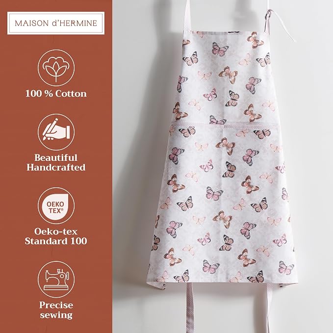 Maison d' Hermine Aprons for women with Pocket 100% Cotton (27.50"x31.50") | Adjustable Neck Strap & long ties Apron Men Chef Wedding Cooking Gardening Server Maid