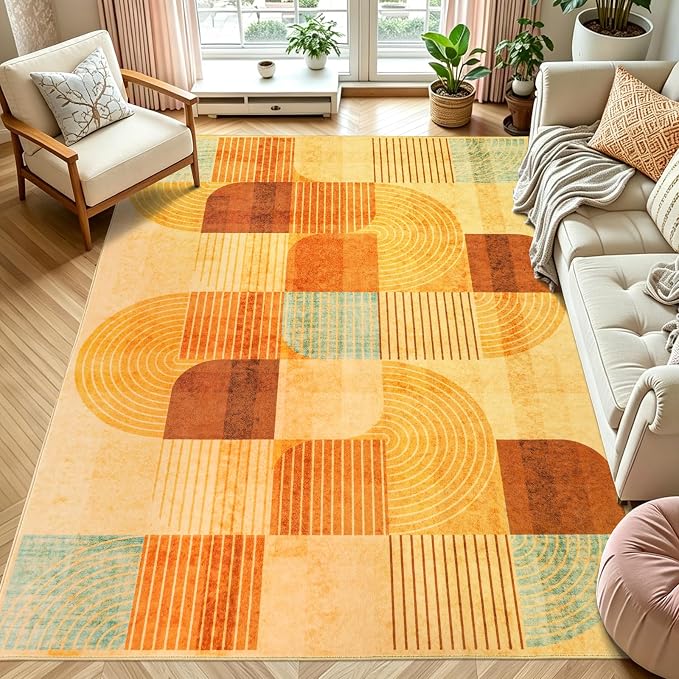 8x10 Area Rugs Washable Living Room Rug - Non-Slip Carpets Modern Rug | Neutral Soft Abstract Carpet Indoor Floor Stain Resistant Carpets for Bedroom Dining Room Nursery Home Office, Burnt Orange