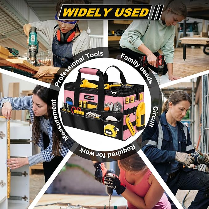 Veitorld 16-Inch Tool Bag Tool Box Organizer, Heavy Duty Tool Organizer with 19 Pockets, Wide Mouth Design for Easy Access, Portable Tool Tote Gift for Women and Men, Garage, Workshop, Pink