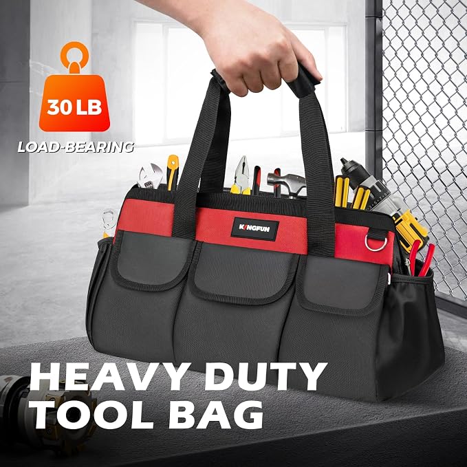 Kingfun 16 Inch Heavy Duty Wide Mouth Tool Bag with 14 Pockets | Adjustable Shoulder Strap & Padded Handle, Durable Tool Storage Bag for Electricians, Mechanics & more (Red)