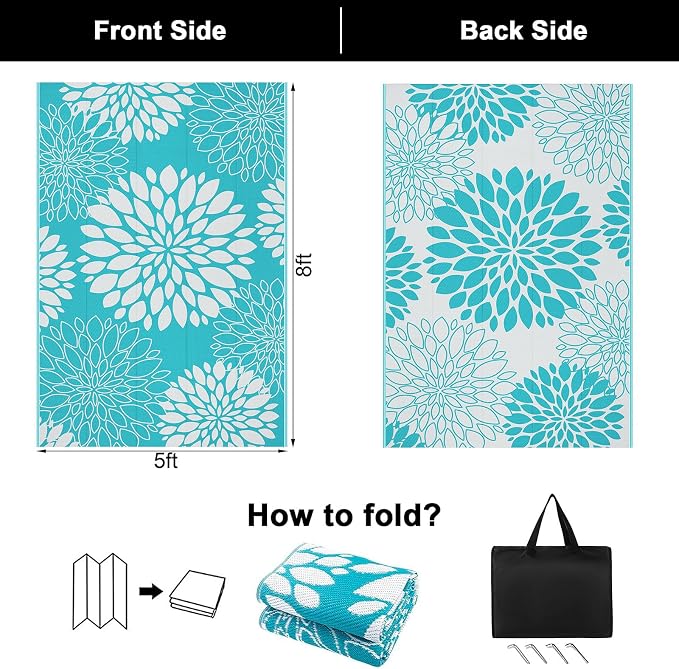 Ileading Waterproof Outdoor Rug 5x8, Reversible Plastic Straw Patio Rug, Portable Indoor Outdoor RV Camping Mat Carpet for Deck, Porch, Balcony, Backyard, Picnic, Floral Teal