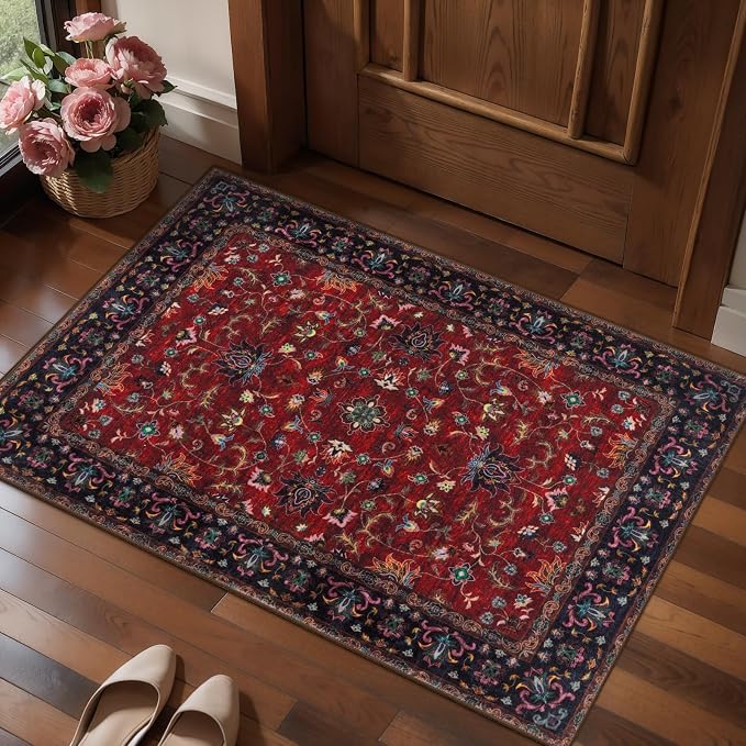 Oriental Red 2x3 Washable Rugs for Entryway, Non Slip Small Entry Rug | Vintage Floral Indoor Front Door Rug Mat, Soft Low Pile Small Carpet Throw Rugs for Entry Entrance Kitchen Bedroom Red Black