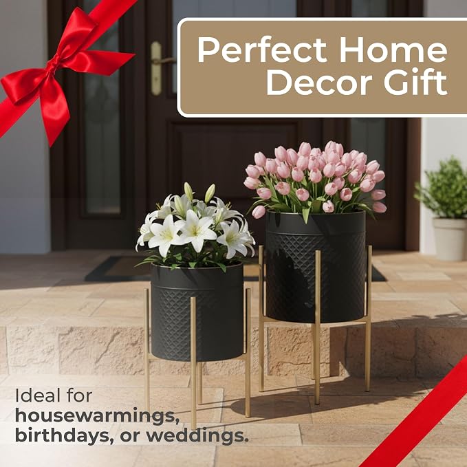 Decorative Flower Pots with Metal Stand for Home Decor - Modern Planters for Hallway, Entryway, and Living Room Decor - Indoor and Outdoor Pots for Plants - Set of 2, 23", 19", Black & Gold