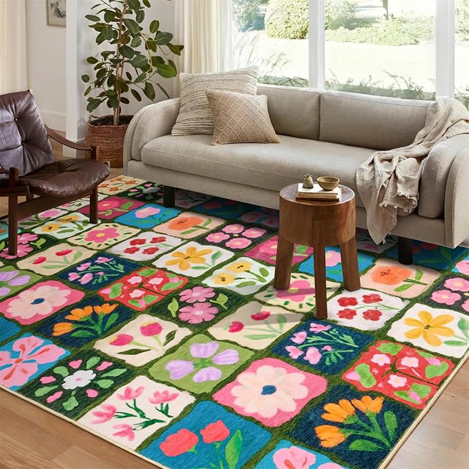 Vintage Floral Rug 4x6 Washable, Thin Cute Aesthetic Retro Multicolored Flowers Patchwork Bedroom Dorm Carpet, Boho Country Botanical Area Rugs for Dining Living Room Kitchen Entryway Nursery