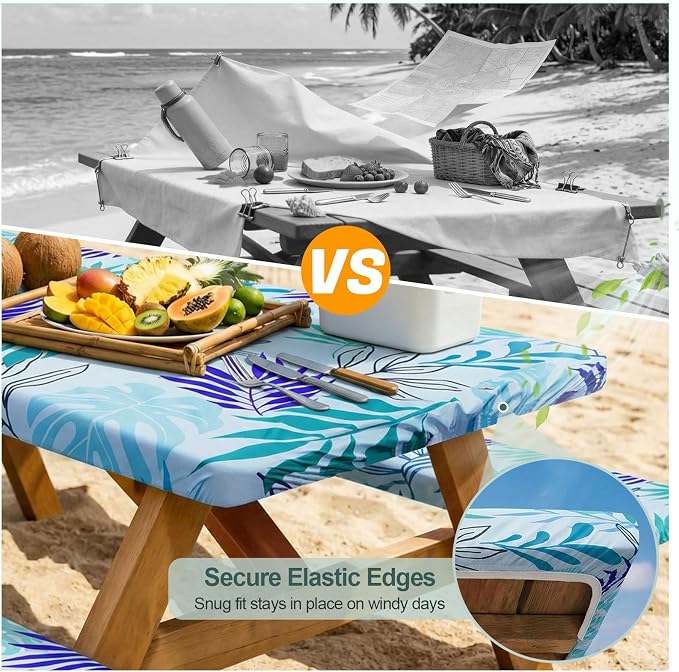 Play Tailor Picnic Table Cover with Bench Covers Camping Essentials Waterproof Windproof Camping Tablecloth with Drawstring Bag, Fitted Rectangle Tables and Seats, 60in, Light Green Blue