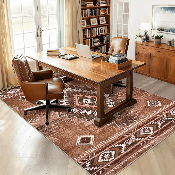 Yinhua Western Living Room Rug 5x7, Moroccan Washable Rug for Bedroom | Aztec Brown Rugs Non Slip Low Pile, Soft Non-Shedding Carpet for Nursery Classroom Office