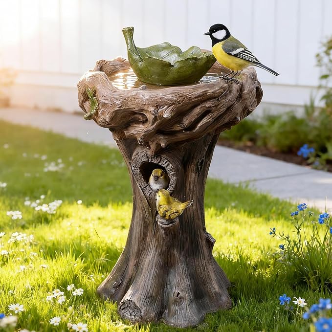 29.5" Bird Bath and Bird Feeder Combo for Garden - Tree Stump Design Resin Birdbath with Leaf Shape Seed Tray and 3D Bird Ornaments, Weather Resistant Garden Statue for Yard & Patio Decor (Brown)