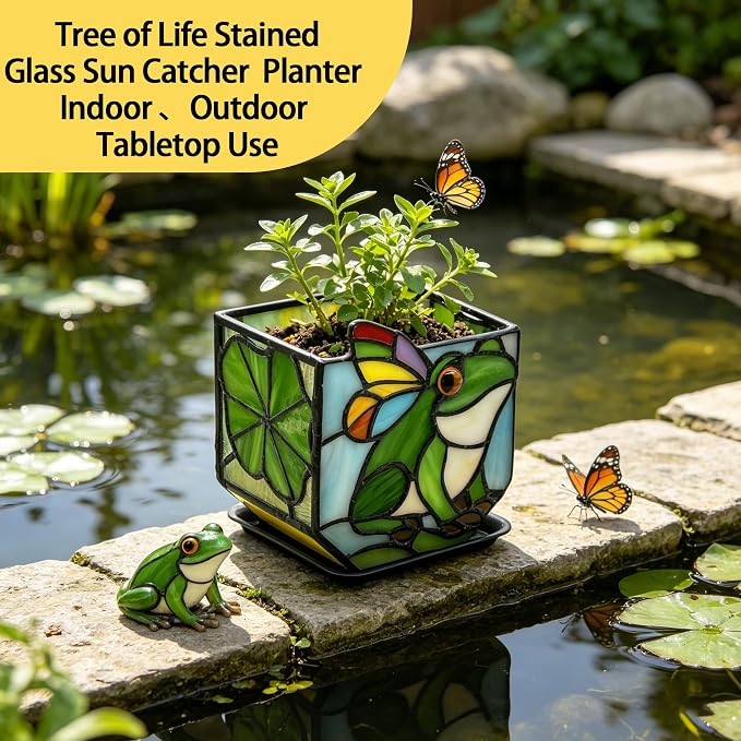 Stained Glass Frog Planter, Colorful Decorative Succulent Pot, Unique Indoor Plant Holder, Cute Frog Gift for Women