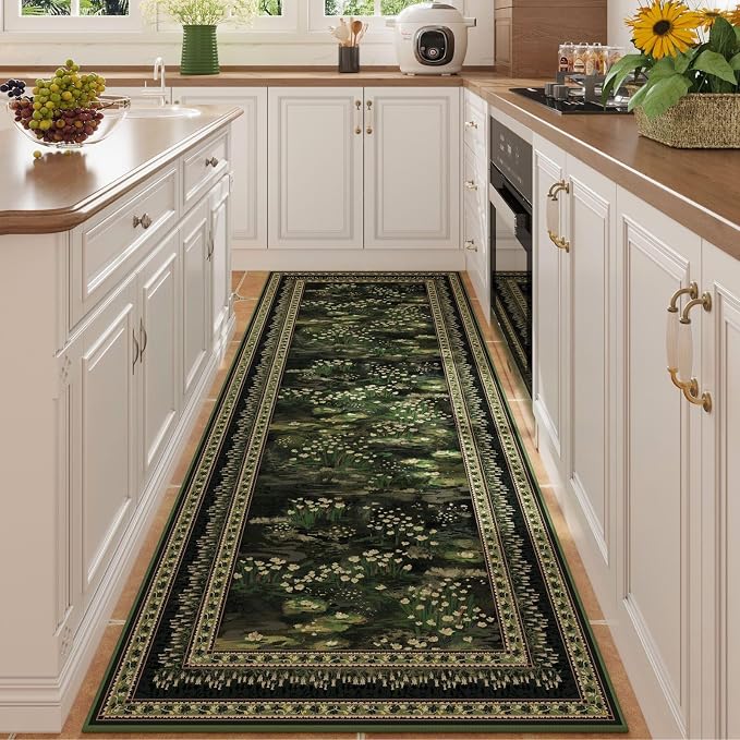 Rugcomf Runner Rug Impressionist-Style Vintage Kitchen Rugs Non Slip Washable Soft Carpet Runner for Kitchen Laundry Bedroom Bathroom, Green