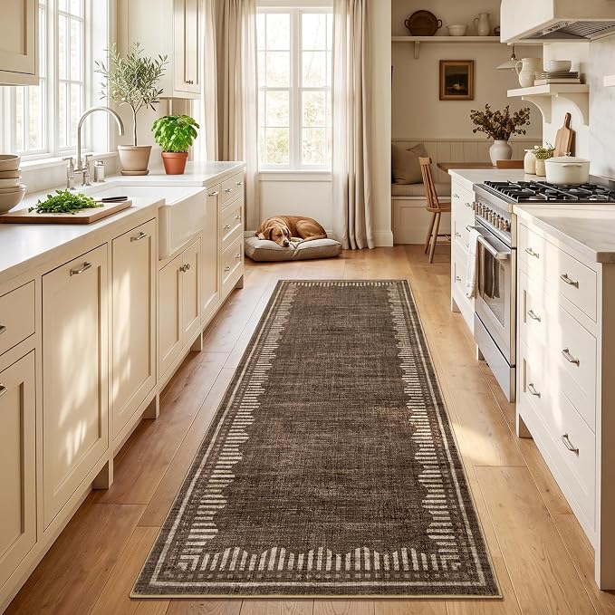 Garvee 2x8 Runner Rug Hallway Kitchen Washable Neutral Solid Brown Runners | Low Pile Stain Resistant Modern Geometric Living Room Bedroom Long Runner Throw Carpet Scalloped Nuesery Entry Area Rugs