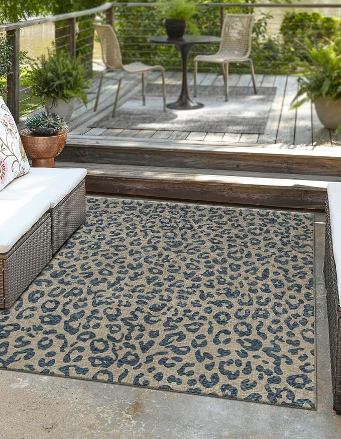 Unique Loom Outdoor Safari Collection Area Rug - Leopard (7' 10" Square Blue/Gray)