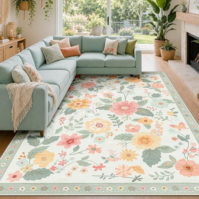 RELEANY Floral Washable 8x10 Area Rugs Beige/Green | Flower Carpet, Print, Boho, Non-Slip, Easy to Clean, Soft, Low Pile for Living Room Bedroom Kitchen Office Entryway Hallway