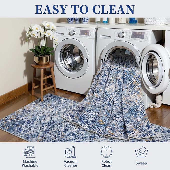 Tangsoo Abstract 2x3 Washable Rugs for Entryway, Small Area Rug Non Slip | Modern Low Pile Soft Throw Rugs,Contemporary Indoor Front Door Mat Rug for Entrance Entry Foyer Kitchen Blue White Home Decor