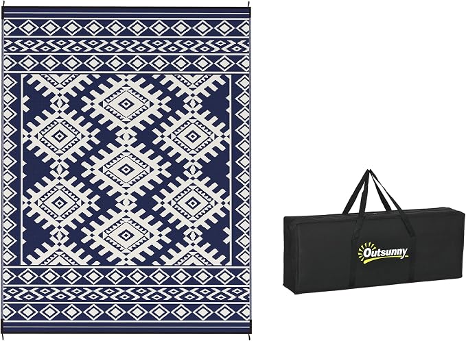 Outsunny Outdoor Rug for Patio, 9' x 12' Waterproof Large Mat, Reversible Plastic Straw Rug for Decor, Portable Outside RV Camping Area Carpet Mat for Backyard Porch Deck Picnic, Blue & White Rhombus