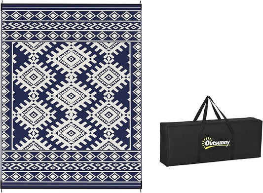 Outsunny Outdoor Rug for Patio, 9' x 12' Waterproof Large Mat, Reversible Plastic Straw Rug for Decor, Portable Outside RV Camping Area Carpet Mat for Backyard Porch Deck Picnic, Blue & White Rhombus