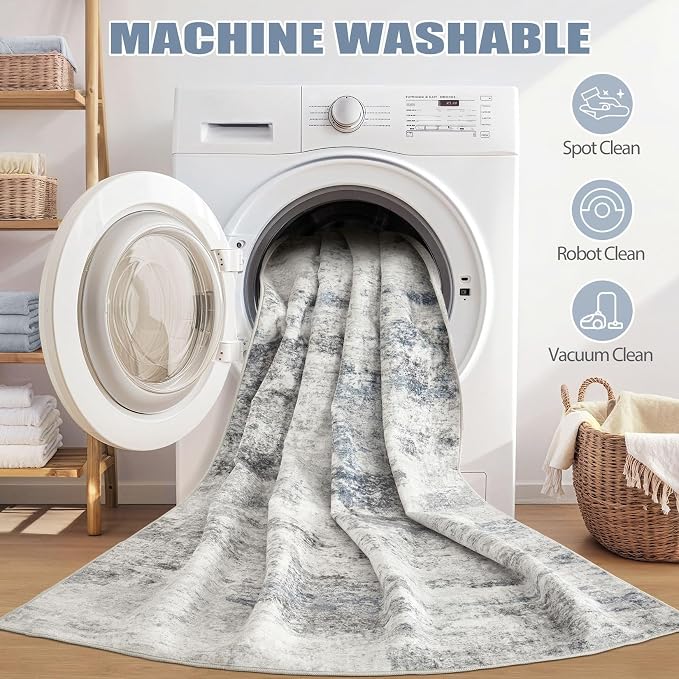 DMOYEST 6ft Round Area Rug for Living Room Washable Non Slip Circle Rug | 6x6 Neutral Modern Abstract Low Pile Rugs Kid & Pet Friendly Soft Carpet for Bedroom Dining Room - Grey Blue